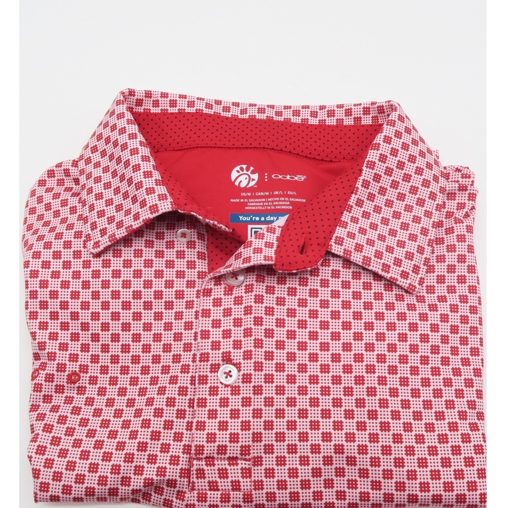 Oobe Chick-fil-A Men Red White Geometric Grid Performance Polo Shirt Size Medium